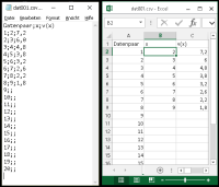Die Datei dat001.csv im Editor und in Excel Die Datei dat001.csv im Editor und in Excel